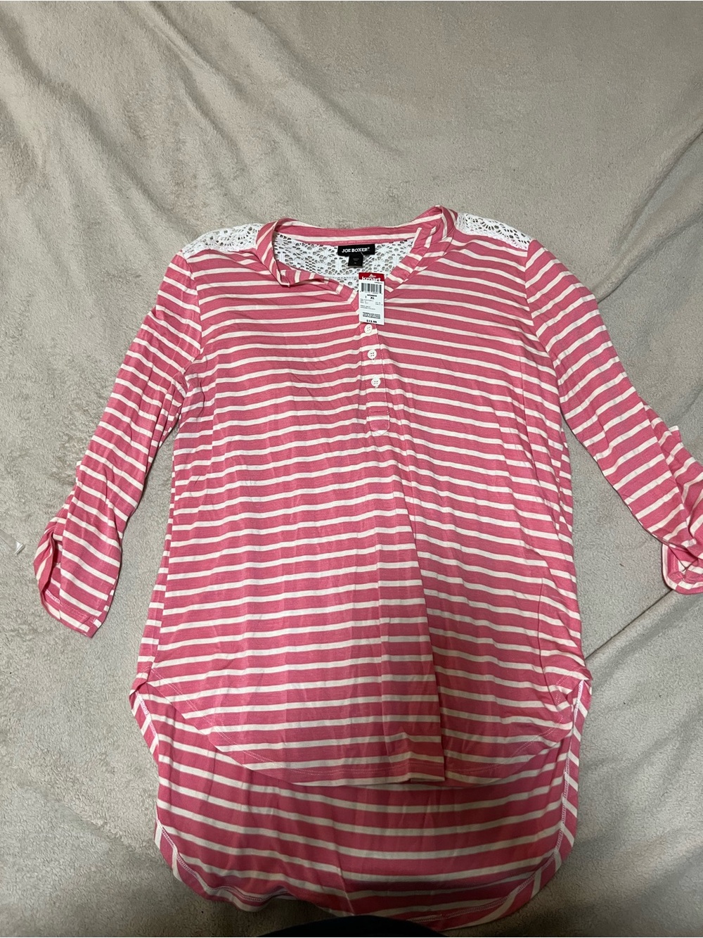 Joe Boxer Pink and White Striped Long Sleeve Henley Top